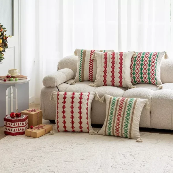 Festive Christmas Red and Green Crochet Pillow Cover - Image 4