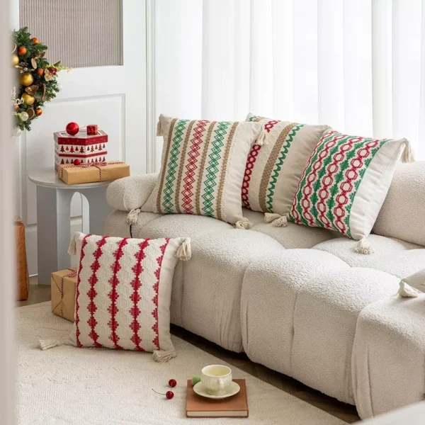 Festive Christmas Red and Green Crochet Pillow Cover - Image 3