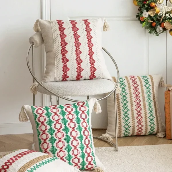 Festive Christmas Red and Green Crochet Pillow Cover - Image 6