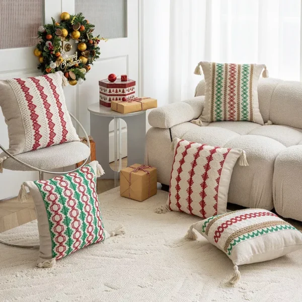 Festive Christmas Red and Green Crochet Pillow Cover - Image 5