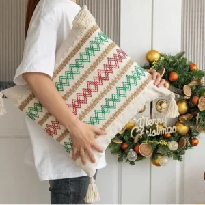 Festive Christmas Red and Green Crochet Pillow Cover
