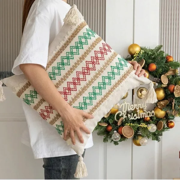 Festive Christmas Red and Green Crochet Pillow Cover