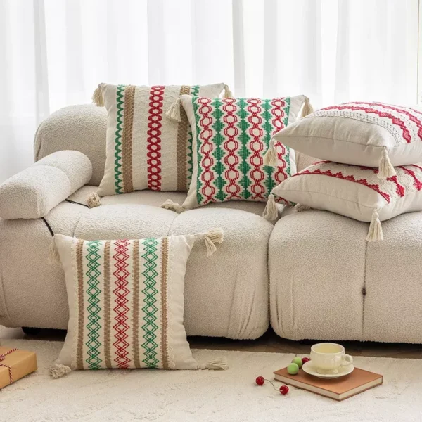 Festive Christmas Red and Green Crochet Pillow Cover - Image 2