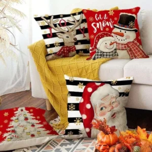 Merry Christmas Pillow Cover – Festive Santa Claus & Snowman Holiday Decor