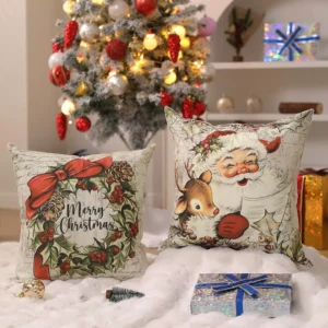Christmas Pillow Covers Set of 4 Vintage Santa Claus & Reindeer 18x18 Inch