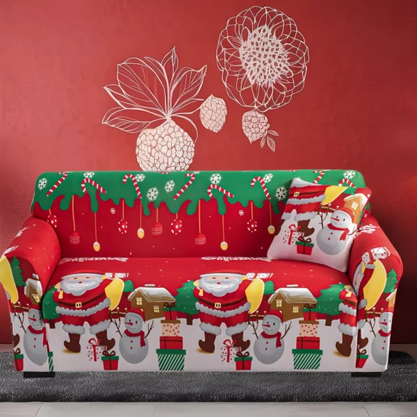 Festive Christmas Elastic Sofa & Pillow Cover Set - Snowman Print, Washable - Image 3