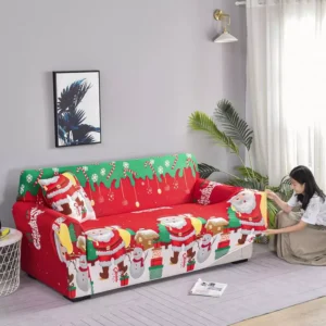 Festive Christmas Elastic Sofa & Pillow Cover Set - Snowman Print, Washable