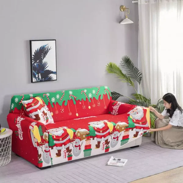 Festive Christmas Elastic Sofa & Pillow Cover Set - Snowman Print, Washable