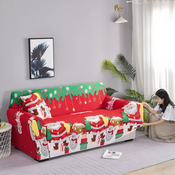 Festive Christmas Elastic Sofa & Pillow Cover Set - Snowman Print, Washable - Image 2