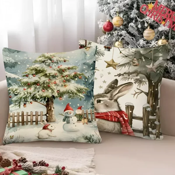 Christmas Rabbit Linen Pillow Cover - Image 3