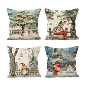 Christmas Rabbit Linen Pillow Cover