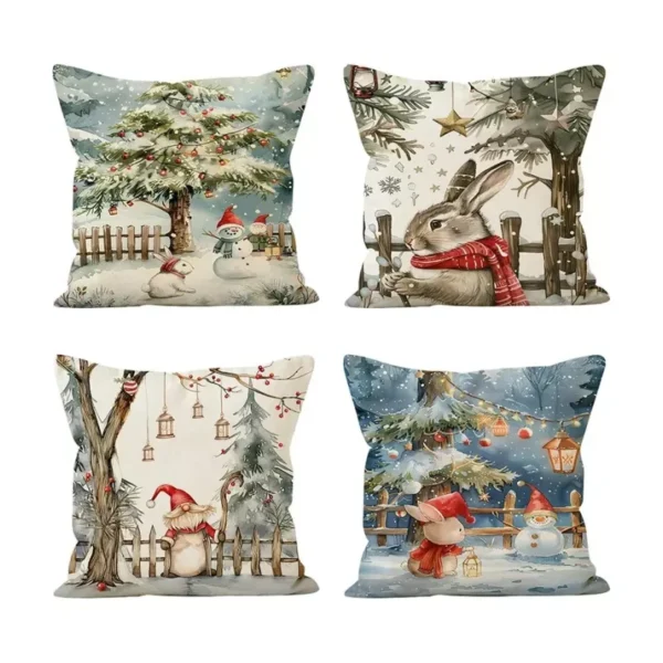 Christmas Rabbit Linen Pillow Cover