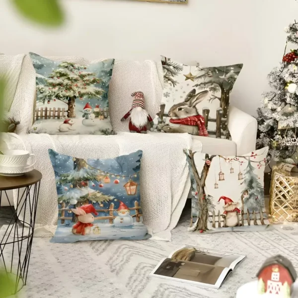 Christmas Rabbit Linen Pillow Cover - Image 2