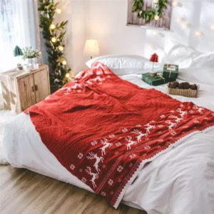 Cozy Double Jacquard Christmas Throw Blanket with Snowflake & Elk Pattern