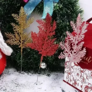 5Pcs Glitter Christmas Pine Leaves Branches - Gold & Silver Artificial Xmas Tree Ornaments
