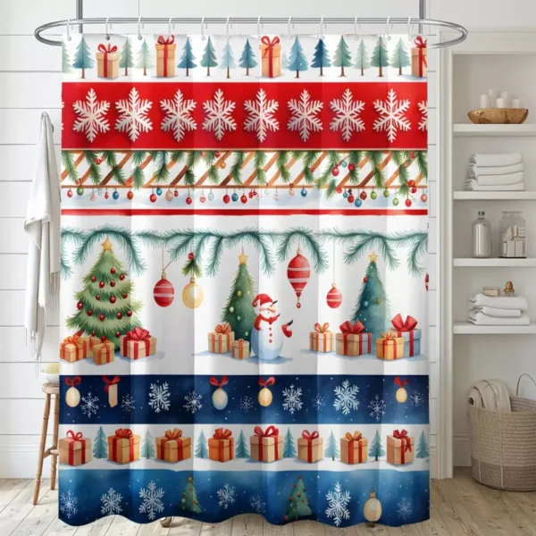 Red and Green Christmas Tree Shower Curtain with Snowflake Print - Image 2