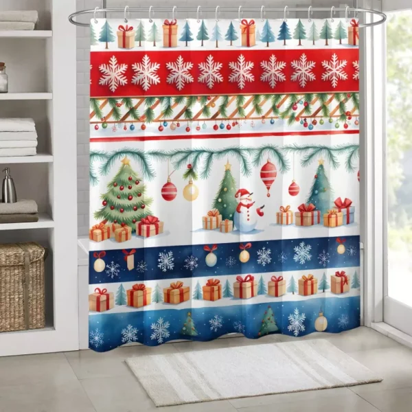 Red and Green Christmas Tree Shower Curtain with Snowflake Print - Image 4