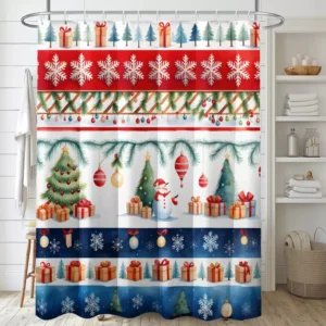 Red and Green Christmas Tree Shower Curtain with Snowflake Print