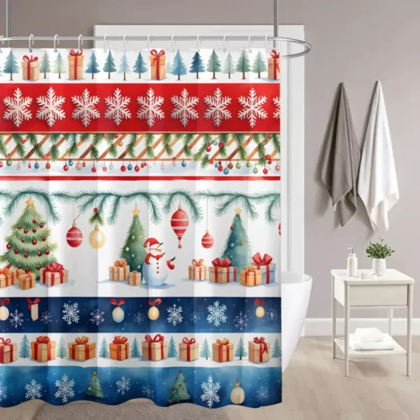 Red and Green Christmas Tree Shower Curtain with Snowflake Print - Image 3