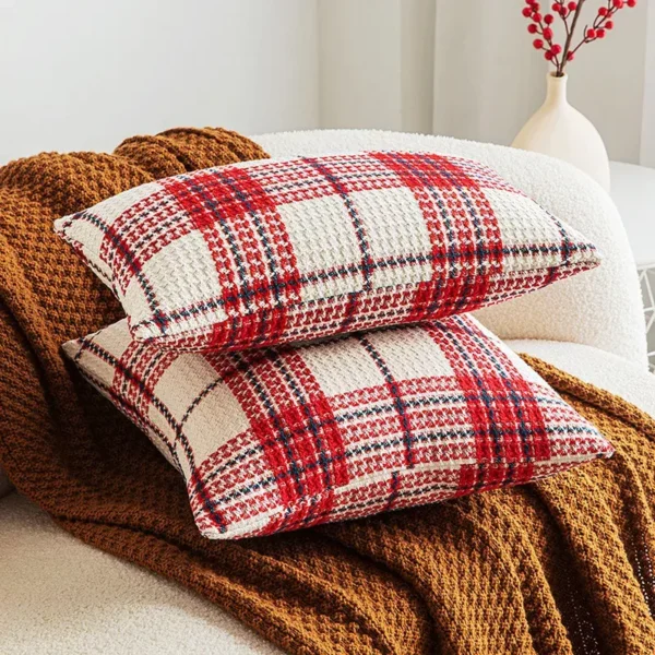 Festive Red and White Plaid Cushion Cover - Image 3