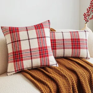 Festive Red and White Plaid Cushion Cover
