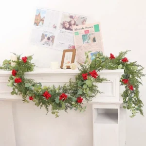 200cm Artificial Pine Garland with Pine Cones, Red Berries, and Greenery