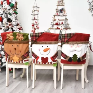 Festive Christmas Chair Cover with Santa, Snowman & Elk – Holiday Decor
