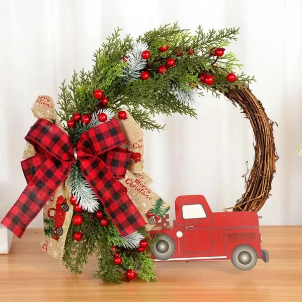 Charming Christmas Wreath Garland with Wooden Truck & Red Berries - Image 2