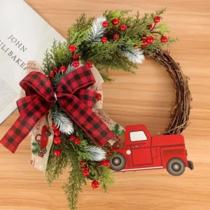 Charming Christmas Wreath Garland with Wooden Truck & Red Berries