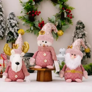Pink Plush Santa Claus and Snowman Shelf Sitter Holiday Decor