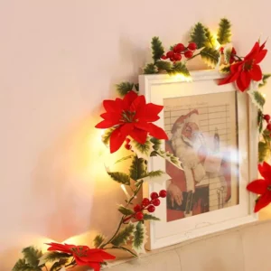 2M 20 LED Poinsettia Garland String Lights with Red Berries for Christmas & Holiday Home Decor