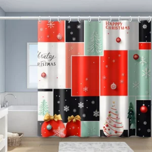 Colorful Geometric Christmas Tree Reindeer Shower Curtain with Hooks