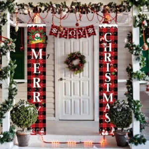 Festive Christmas Porch Decorations – Red Plaid Merry Christmas Banners for Front Door
