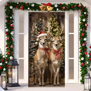 Santa Hat Elk Design Door Cover Banner