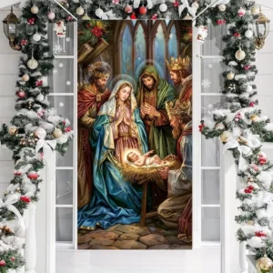 Holy Scene Nativity Barn Christmas Banner – Outdoor/Indoor Jesus Birth Decoration
