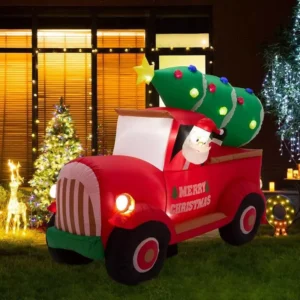 7-Foot Christmas Inflatable Santa on Red Truck with Lights