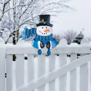 Christmas Blue Snowman Outdoor Fence Peeker