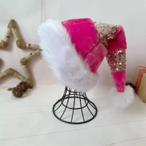 Pink Plush Sequin Patchwork Christmas Hat