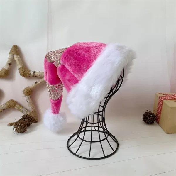 Pink Plush Sequin Patchwork Christmas Hat - Image 3
