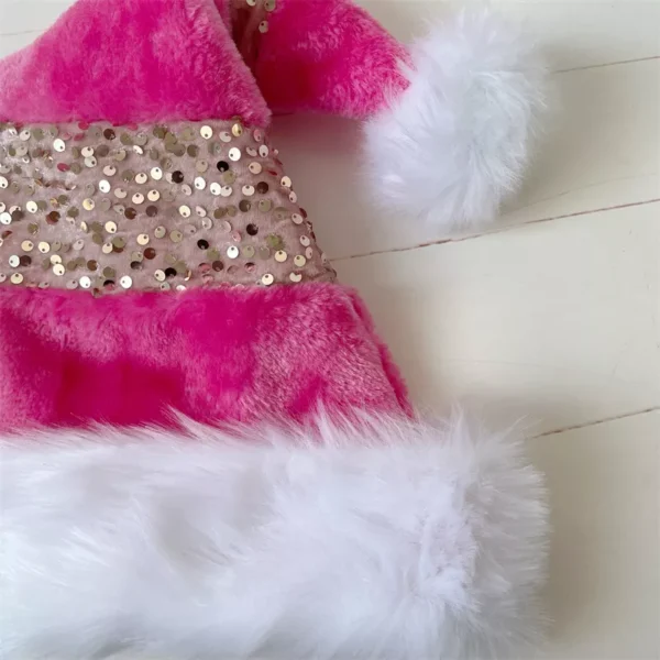 Pink Plush Sequin Patchwork Christmas Hat - Image 4
