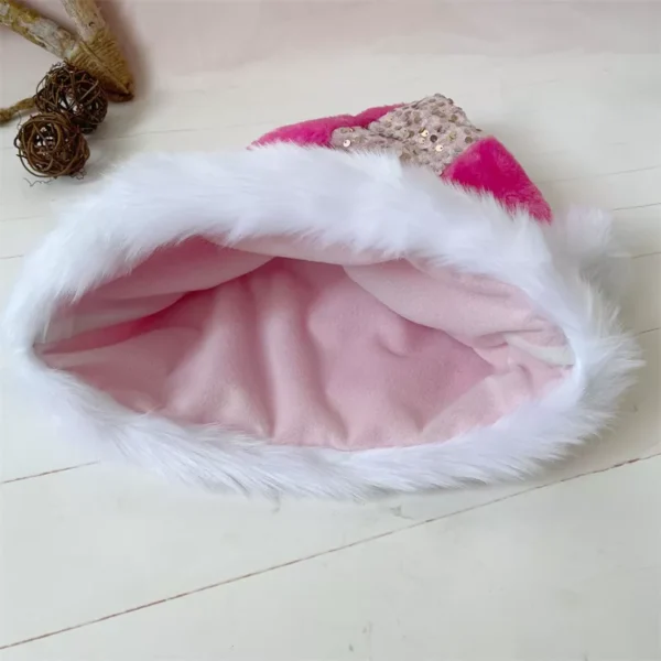Pink Plush Sequin Patchwork Christmas Hat - Image 7