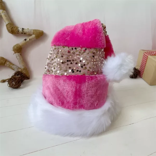 Pink Plush Sequin Patchwork Christmas Hat - Image 5