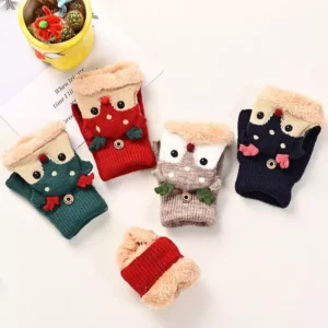 Christmas Cartoon Elk Plush Fingerless Gloves for Kids