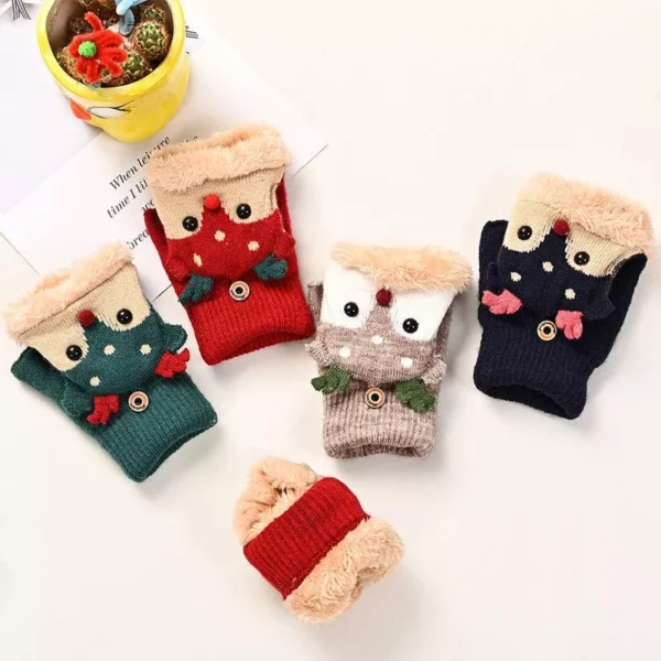 Christmas Cartoon Elk Plush Fingerless Gloves for Kids