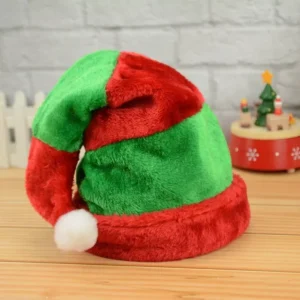 Red and Green Striped Plush Elf Hat