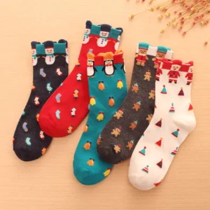 Cotton Christmas Socks with Santa, Tree, and Snowflake Patterns for Women