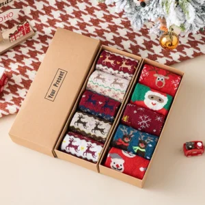 5 Pcs Women's Christmas Wool Socks Set with Santa & Reindeer Patterns