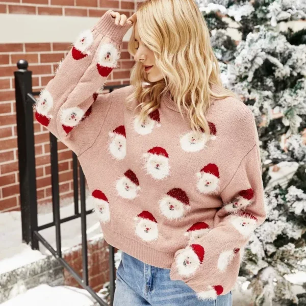 Winter Women’s Christmas Sweater Santa Print Warm Knit Pullover - Image 3
