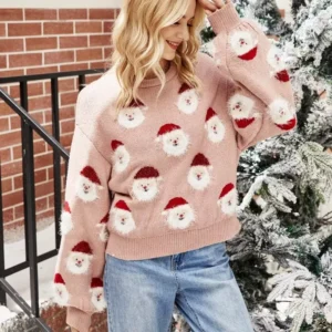 Winter Women’s Christmas Sweater Santa Print Warm Knit Pullover