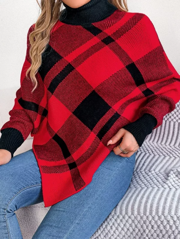 Christmas Plaid High Collar Lantern Sleeve Women's Sweater - Image 5